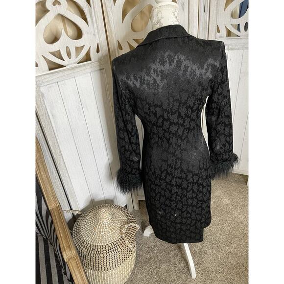 Vintage Black Jacquard Coat Jacket Faux Fur Trim Y2K Goth Whimsigoth Small - Picture 3 of 10